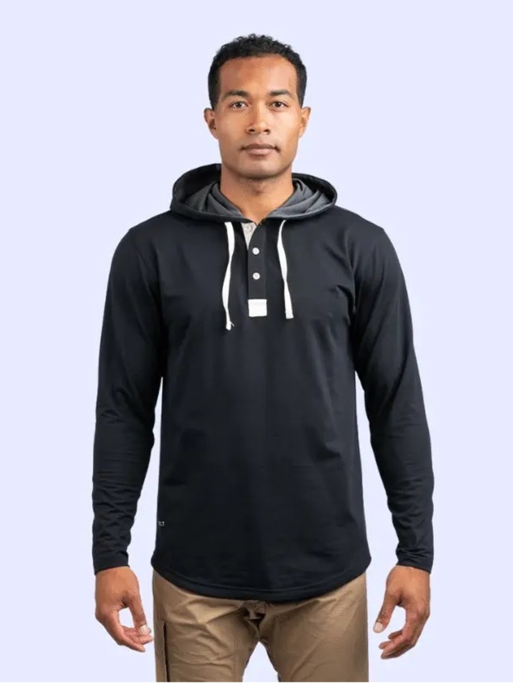 BYLT Drop Cut Hoodie Mens Black Henley Hooded Drawstring Active Casual Large